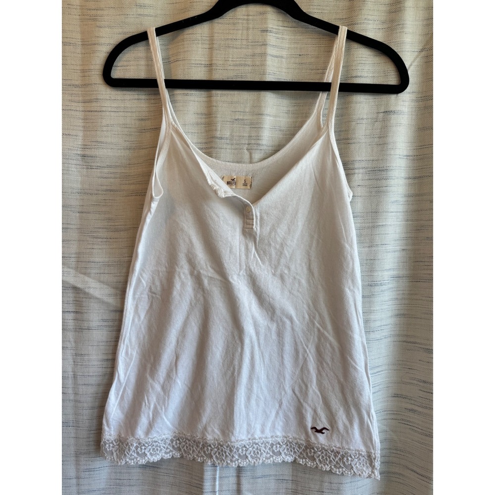 Y2K Hollister White Lace Trim Henley Camisole Tank Top Small Seagull Logo